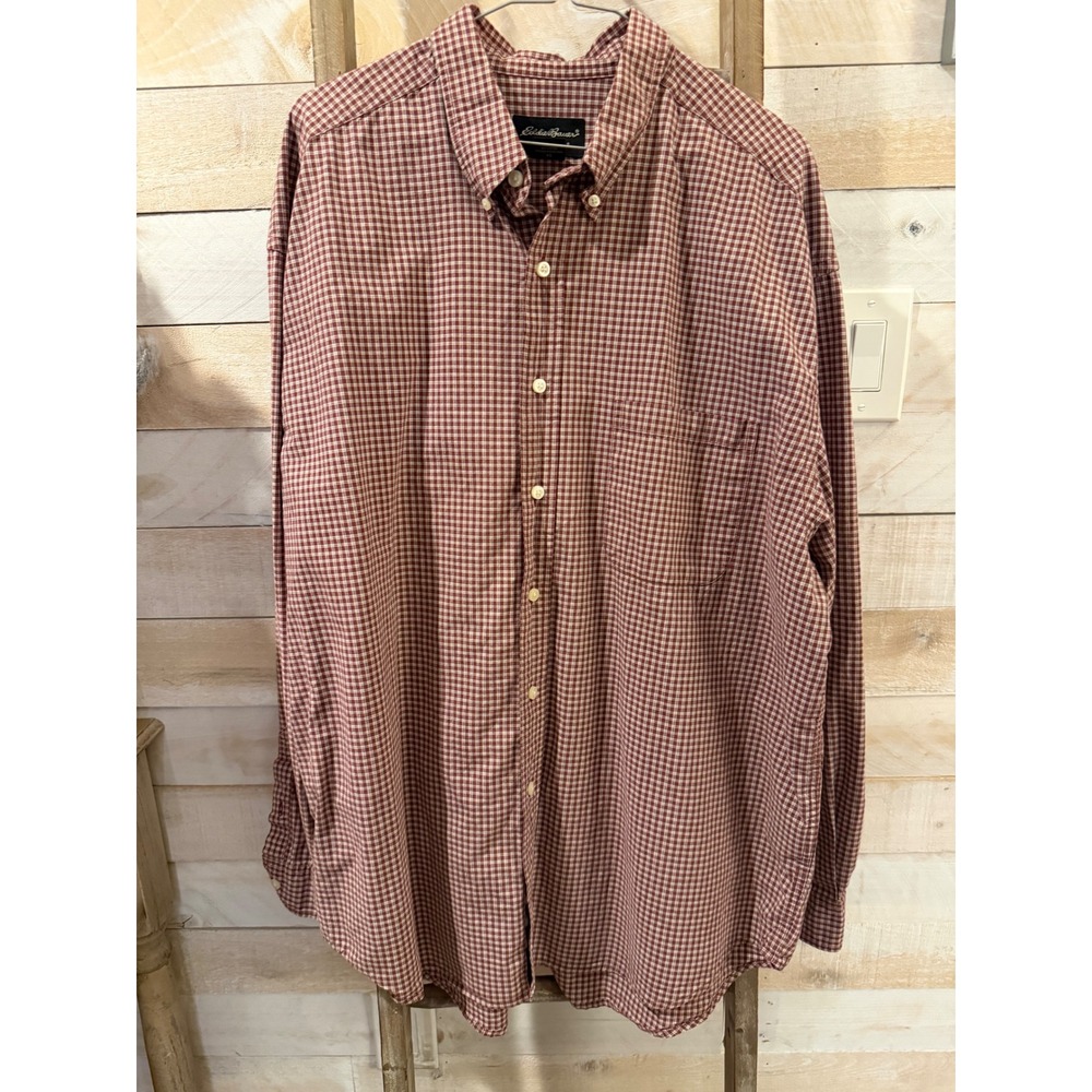 Eddie Bauer Mens XL Burgundy White Gingham Plaid Cotton Button Down Shirt LS